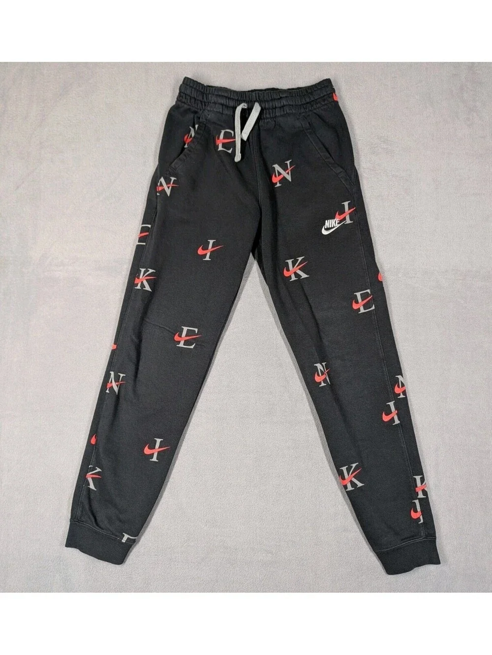 Nike Boys Hoodie M Joggers L Black Red All Over Logo Swoosh Tracksuit Set Fleece